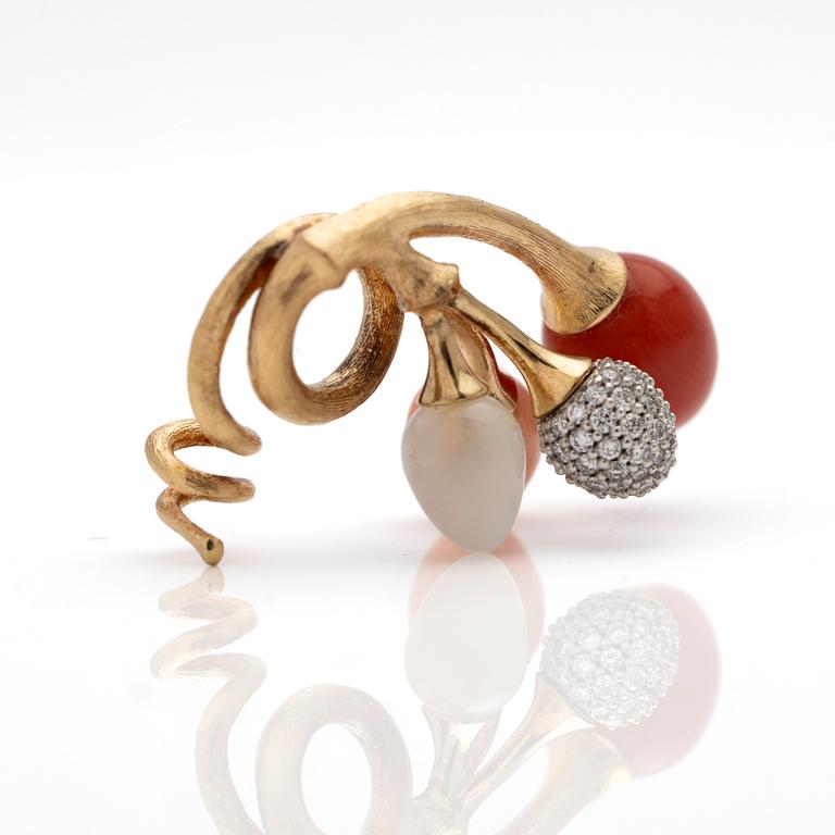Ole Lynggaard, Pendant, 18K rose gold with red and pink coral, white moonstone and brilliant-cut diamonds, designed by Charlotte Lynggaard.