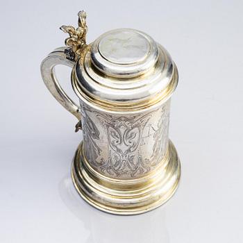 Walter Kopman, dryckeskanna, delvis förgyllt silver, Hamburg (verksam 1649-1688). Barock.