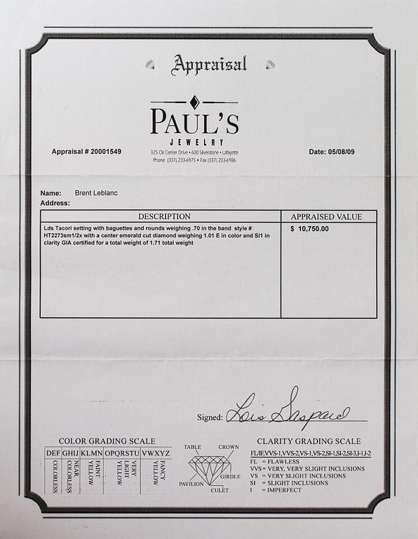 Sormus, 18K valkokultaa, timantteja n. 1.71 ct yht. Tacori. GIA -todistuksella.