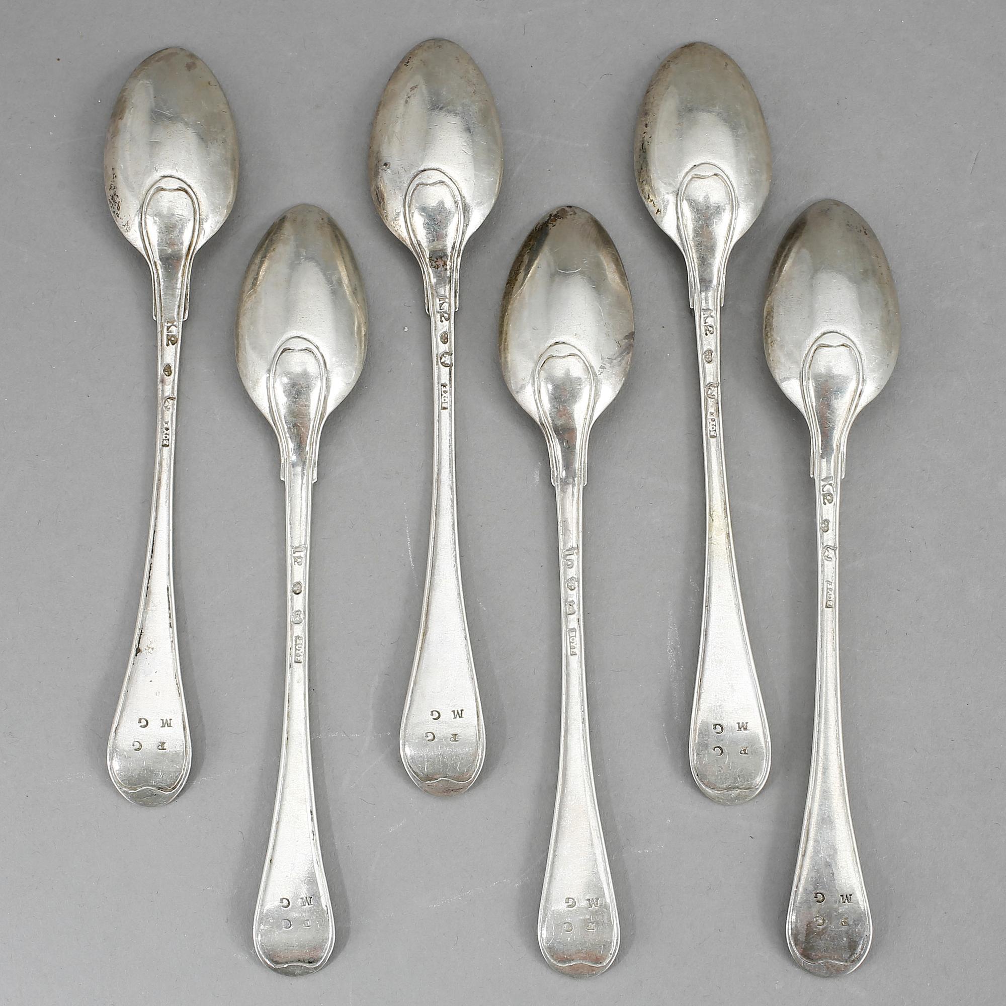 TESKEDAR, 6 st, silver, Lars Boye, Stockholm, 1791-92. Vikt 126 g.