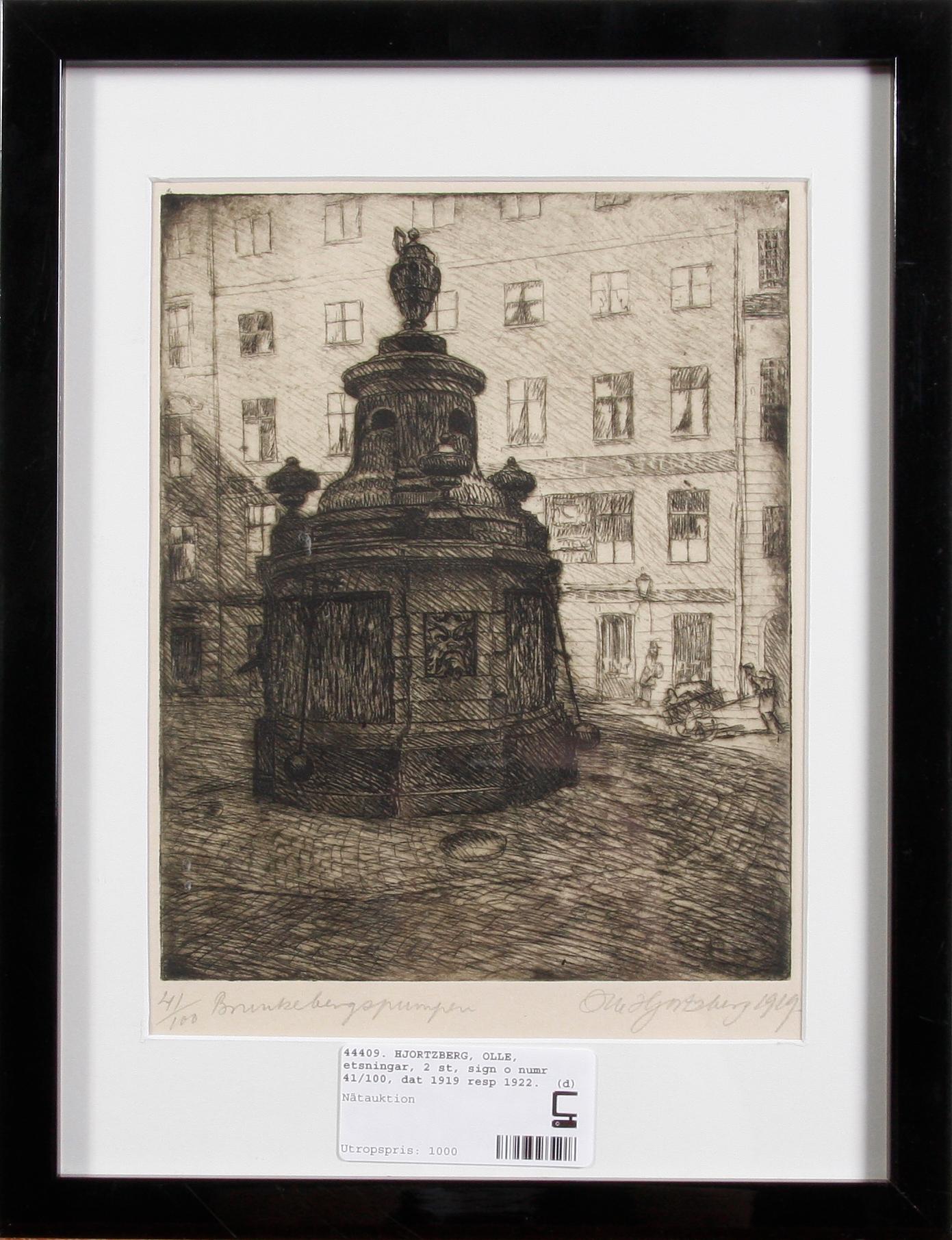 HJORTZBERG, OLLE, etsningar, 2 st, sign o numr 41/100, dat 1919 resp 1922.