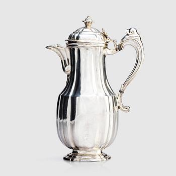 188. A Spanish 18th century Rococo silver coffee-pot, city mark of Barcelona. Unclear makers mark.