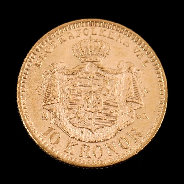 GULDMYNT, 10 kronor, Oscar II, 1894.  Vikt ca 5 gram.