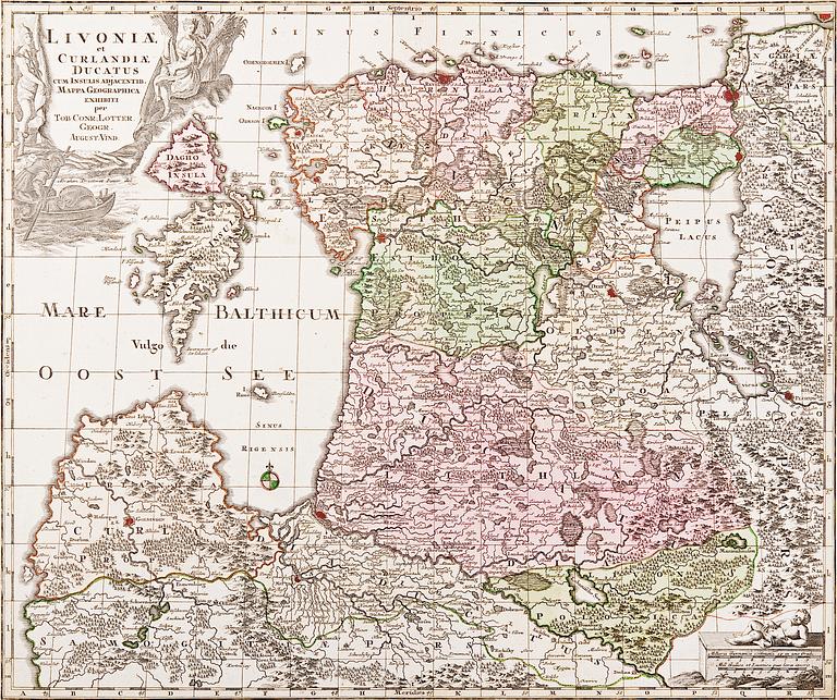 KARTA, Livoniae, G. Lotter, Augsburg, 1700-talets andra hälft.