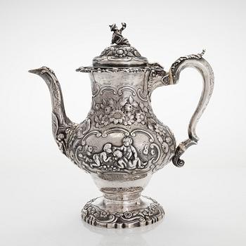 A Georgian seven-piece, sterling silver tea and coffee set, maker's mark of Joseph Angell, London 1817-1823.