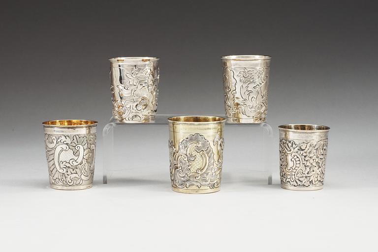 Five Russian 18th century silver beakers, marked Moscow.