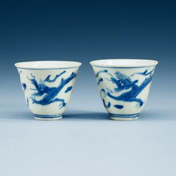 Two blue and white wine cups, Ming dynasty, Transition/Chongzhen (1628-44).