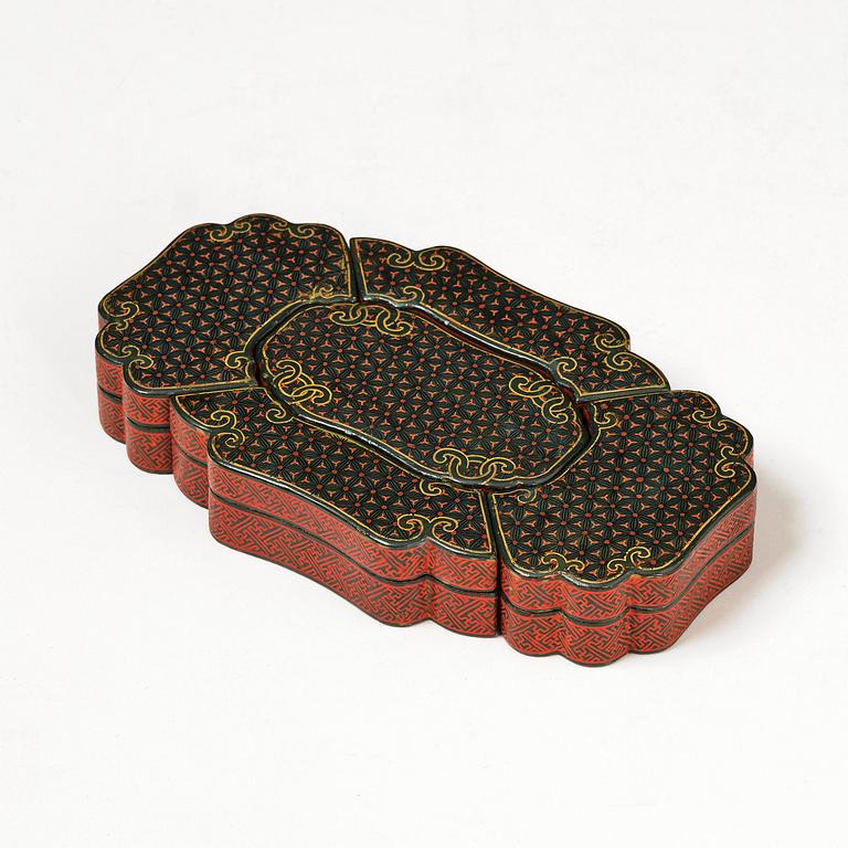 A fine carved lacquer box and cover with tianqi lacquer inset boxes and covers, Qing dynasty, Qianlong (1736-95).