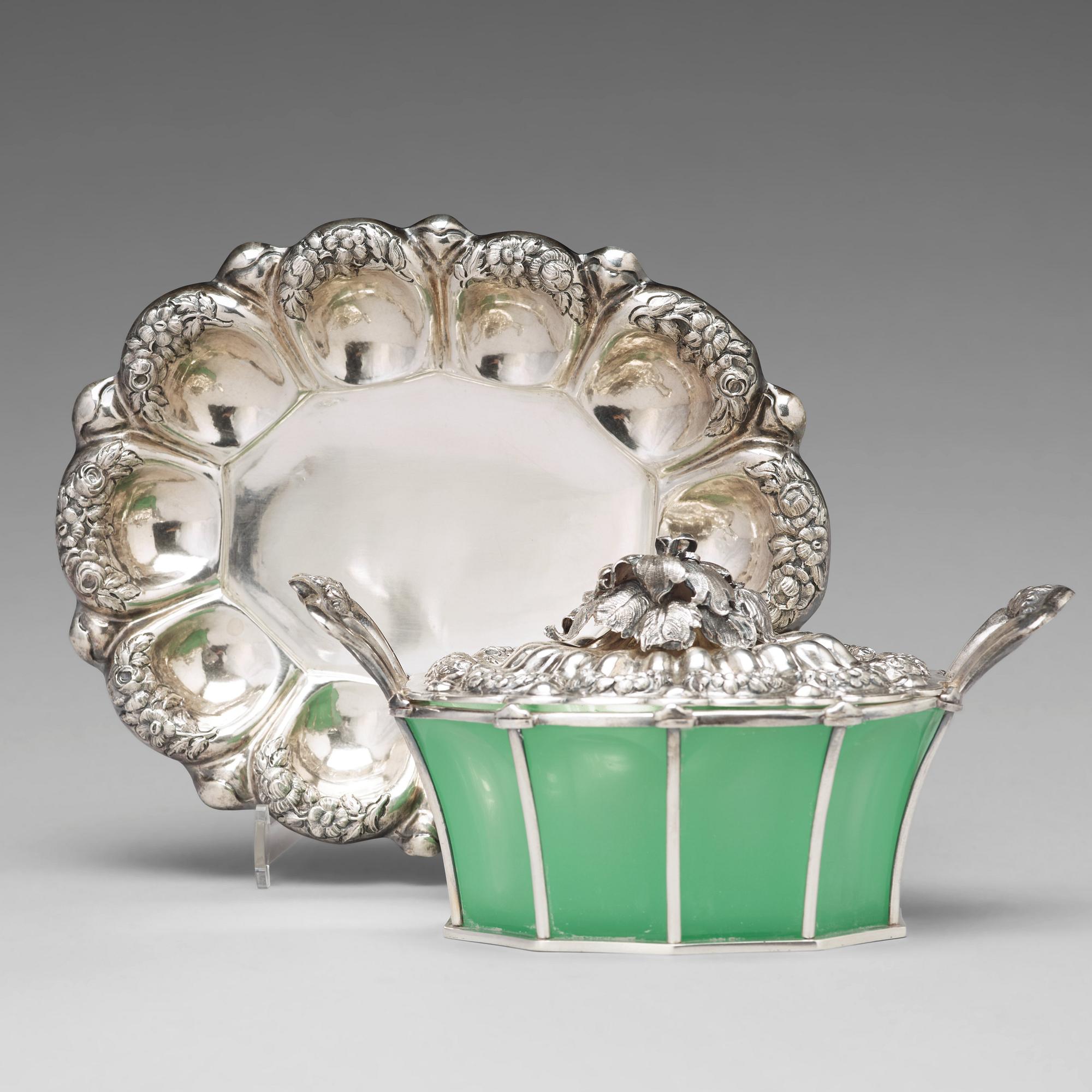 An Austrian mid 19th century silver and green glass bowl and cover on dish, un identified makers mark, Vienna 1845.