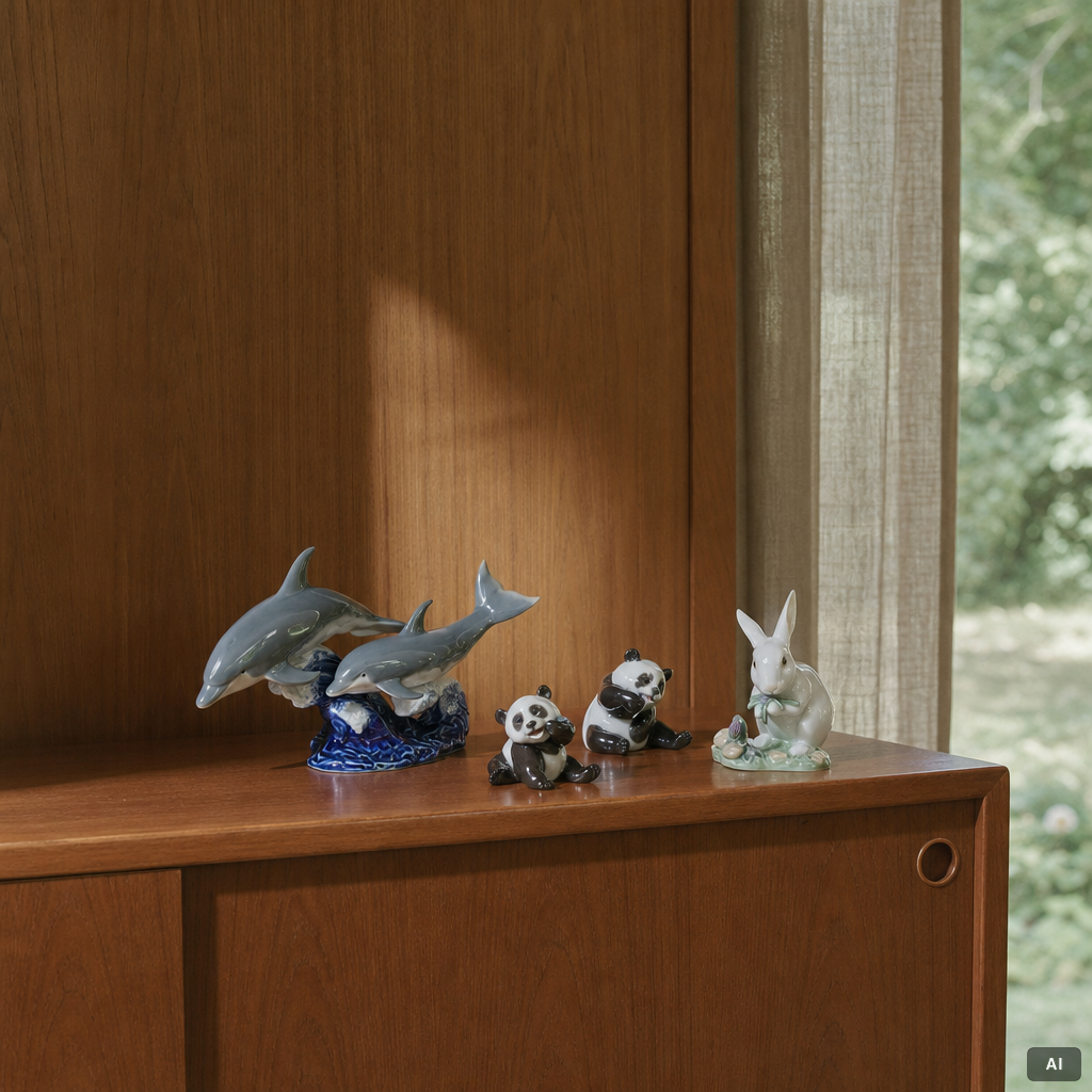 Lladró, 4 figurines, "The Chinese Zodiac": "A happy panda", "A cheerful panda", "The Rabbit", "Dance of the Dolphins".