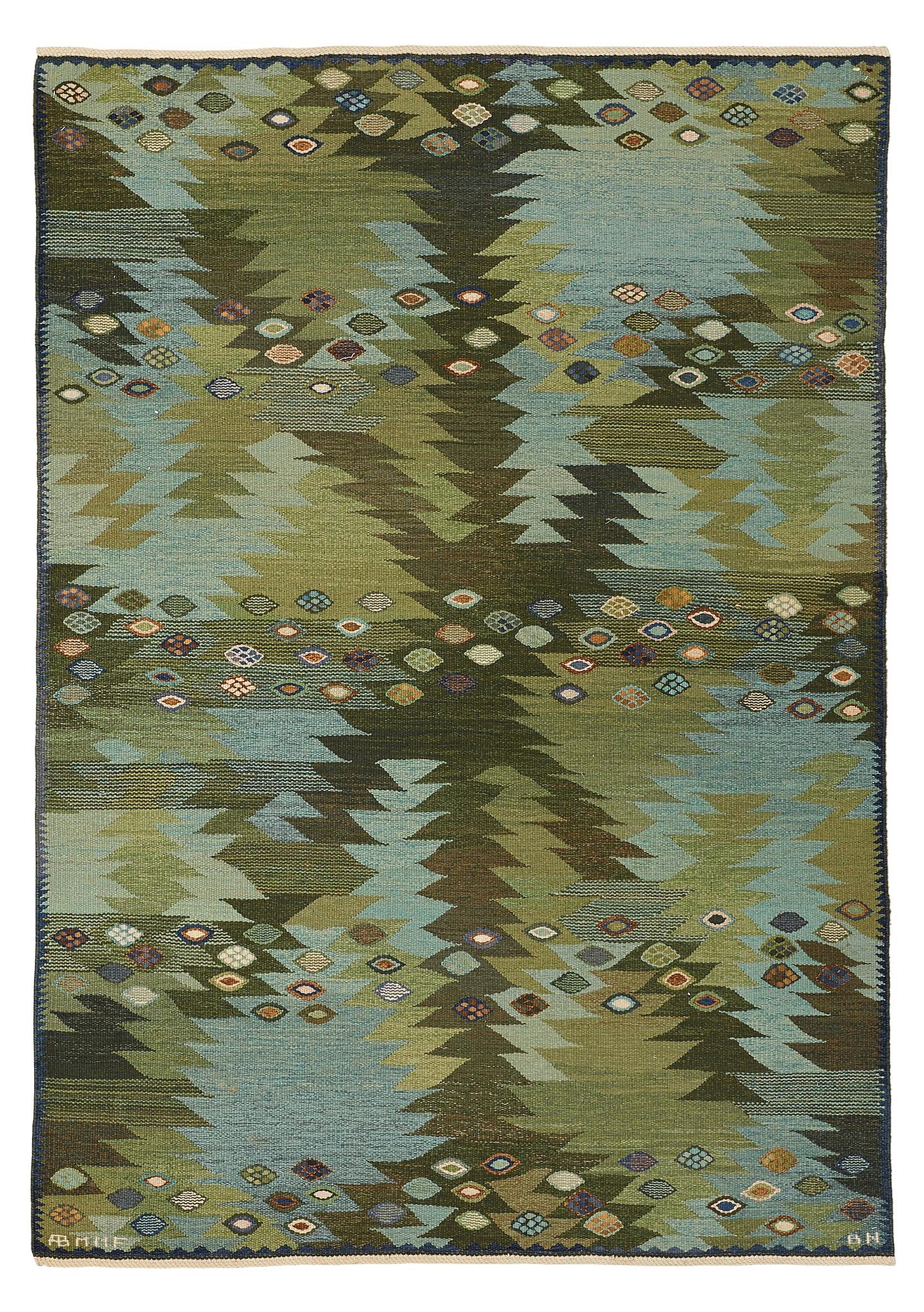Barbro Nilsson, MATTO, "Tånga, grön", flat weave, ca 246,5 x 170 cm, signed AB MMF BN.