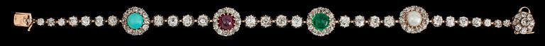 An antique cut diamond, tot. app. 5.70 cts, ruby, app. 1.13 cts, and emerald bracelet, app. 1.30 cts.