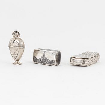 Three 19th century silver boxes.