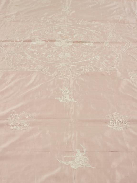 An embroidered silk bed spread, Qing dynasty, circa 1900.