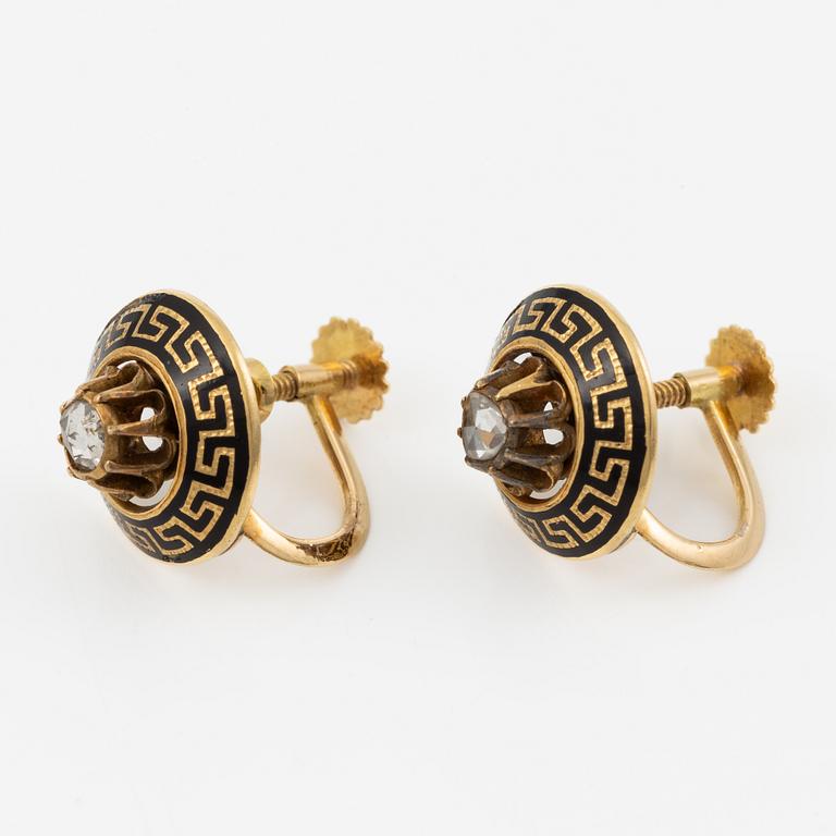 Earrings, a pair, 18K gold with meander border and rose-cut diamonds.