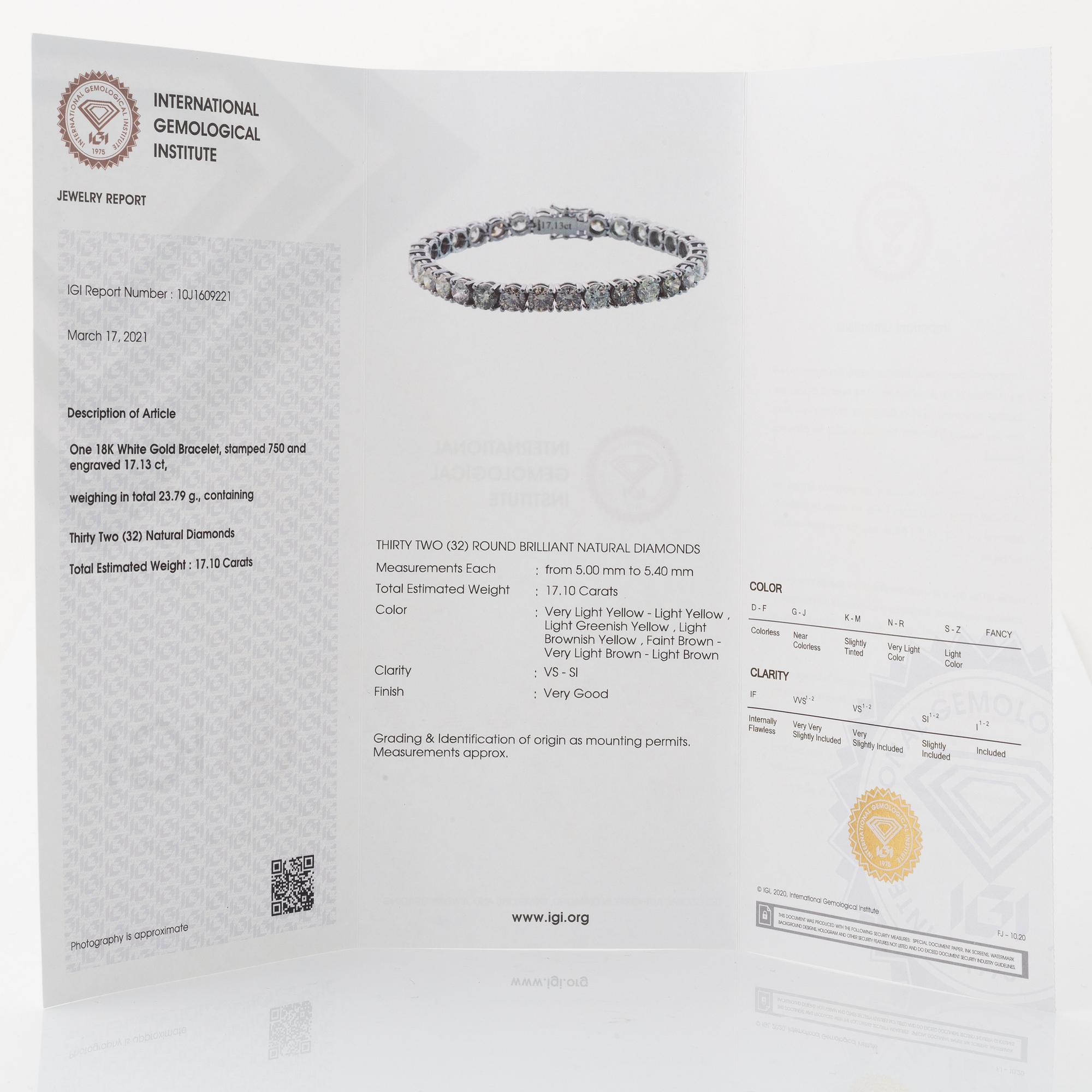 Round brilliant-cut diamond rivière bracelet, with IGI report.