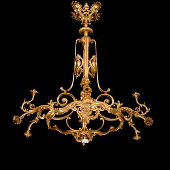 Ferdinand Barbedienne, A signed and gilded bronze chandelier from second half of the 19th century. Height 115 cm.