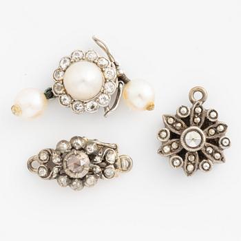 Three clasps with old-cut and rose-cut diamonds, pearls, and pyrite.