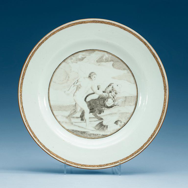 A grisaille 'European Subject' dinner plate, Qing dynasty, Qianlong (1736-95).