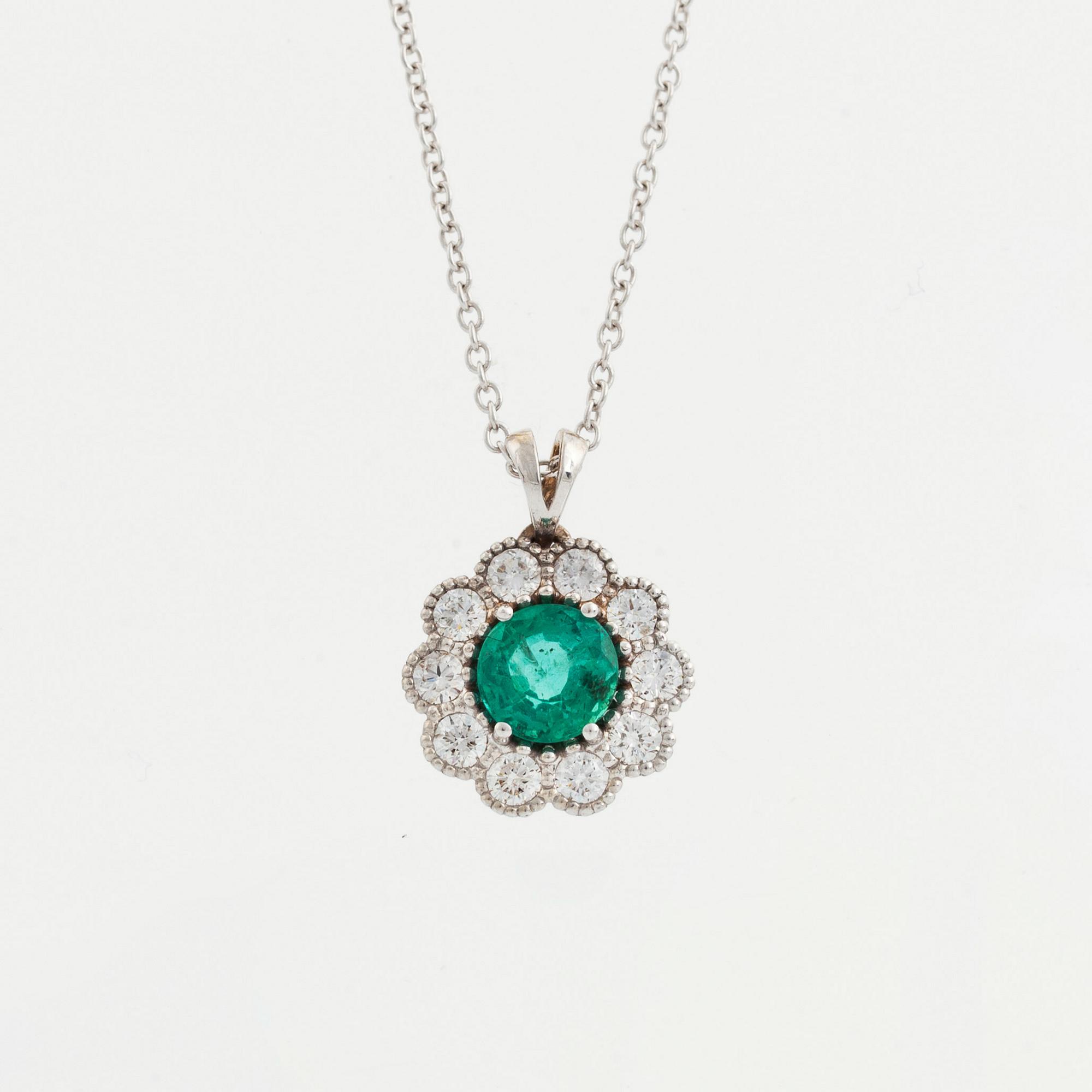Emerald and brilliant cut diamond necklace.