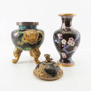 Vases 3 pcs and incense burner China cloisonné works 20th century.