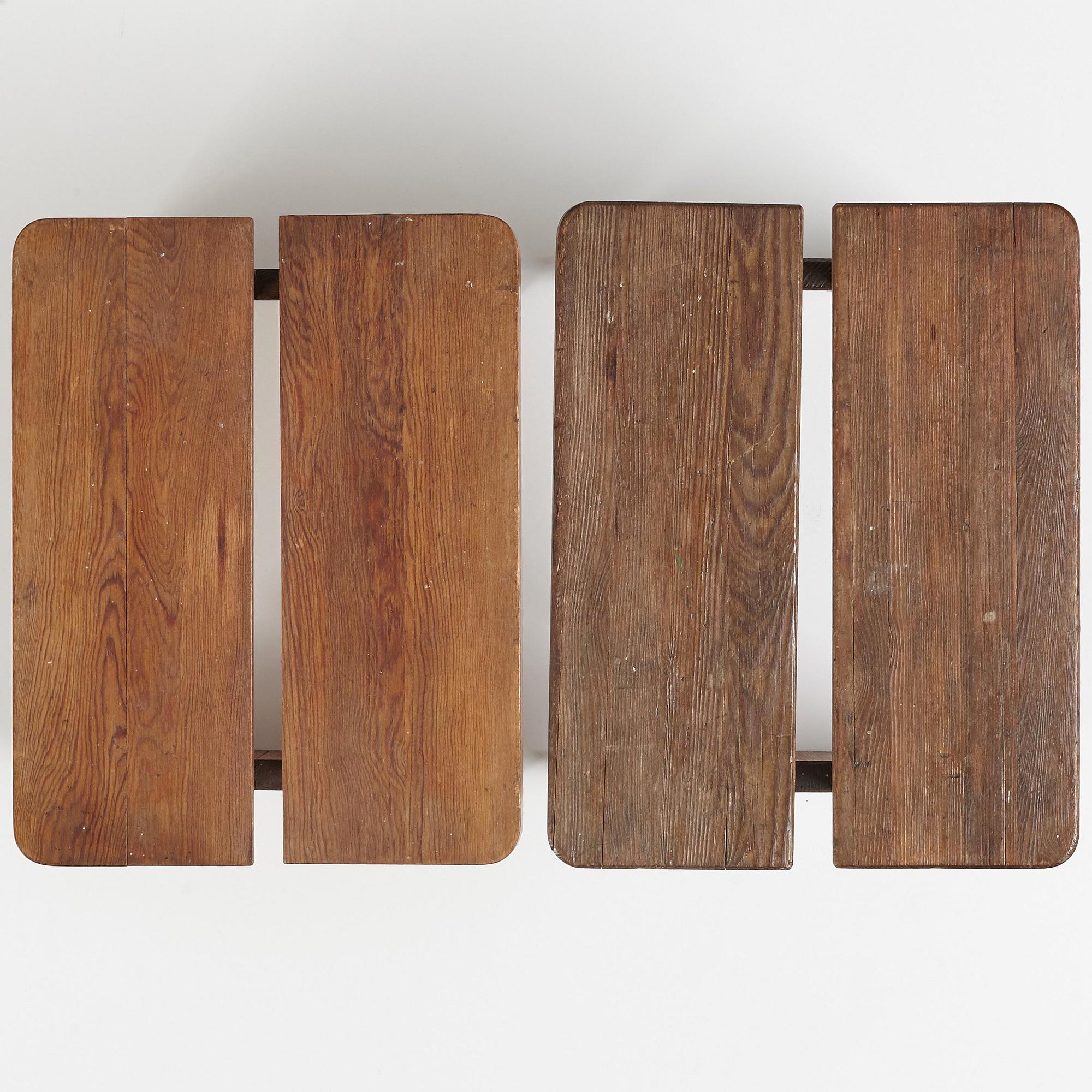 Axel Einar Hjorth, two stained pine "Skoga" stools, Nordiska Kompaniet, Sweden 1930's.