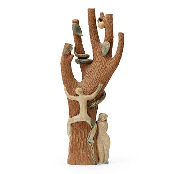 Stig Lindberg, a stoneware sculpture of Adam and Eve in the Tree of Knowledge, Gustavsberg studio, Sweden 1945.