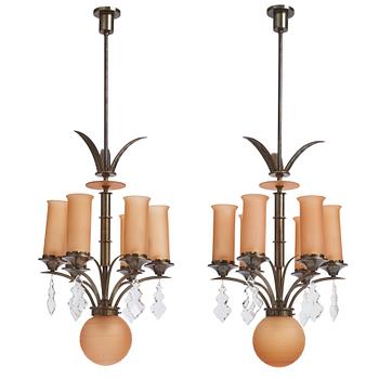 Harald Notini, a pair of chandeliers model "10027", Arvid Böhlmarks Lampfabrik, Stockholm 1930s.