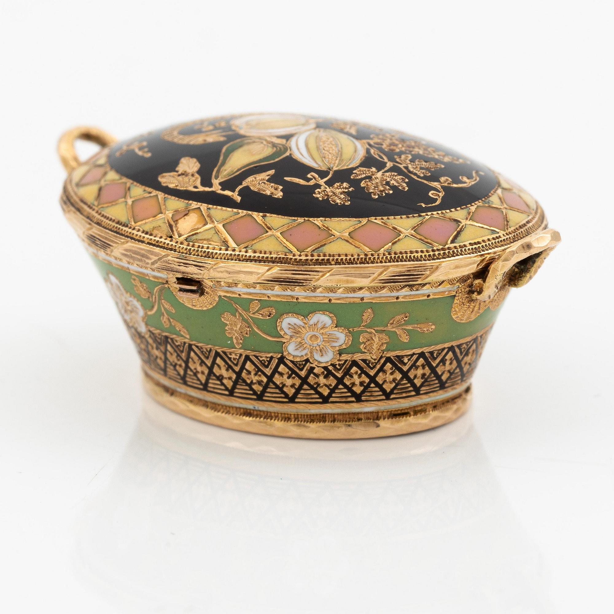 Fickur i form av korg, guld och emalj, Genève, Schweiz, tidigt 1800-tal.