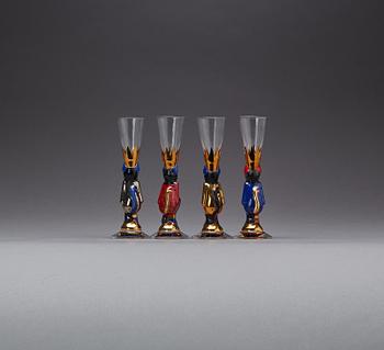 SNAPSGLAS, 4 st, "Nobelservisen", Gunnar Cyrén, Orrefors, sent 1900-tal.
