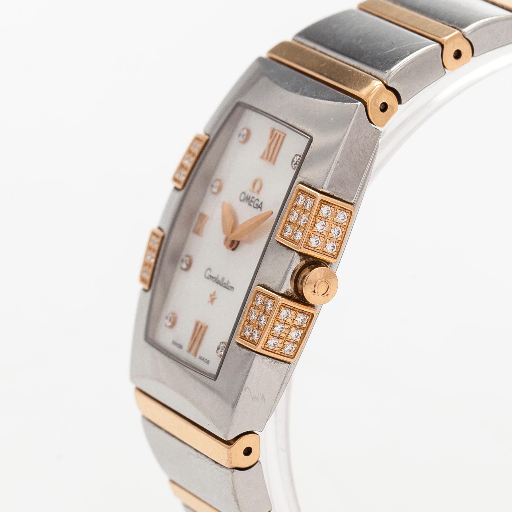 Omega, Quadrella, "Diamond-set mother-of-pearl dial", rannekello, 25 x 32,5 mm.