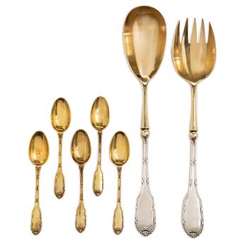 A pair of silver salad cutlery and five coffee spoons, mark of Georges Fouquet-Lapar, France (active 1897-1925).
