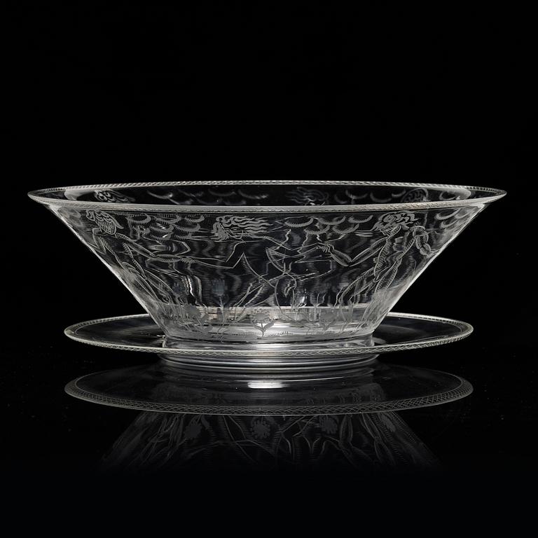 Edward Hald, an engraved glass bowl with plate, Orrefors, Sweden, 1926, model 305, engraved by Emil Goldmann.