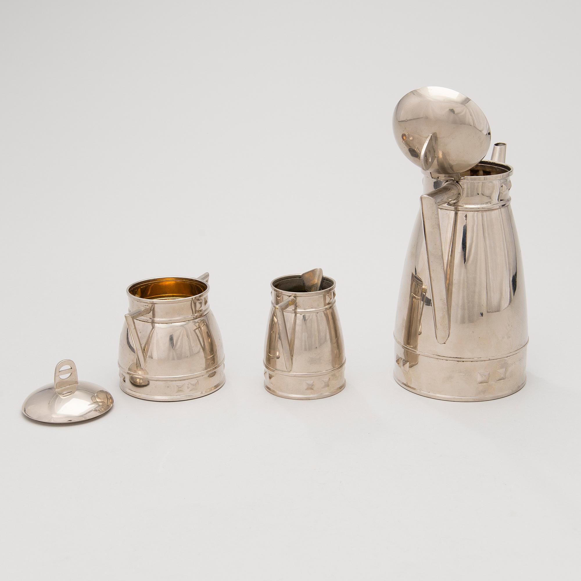 KAFFESERVIS, 3 DELAR, förnicklad mässing, Joh. Engström Eskilstuna, Sverige, tidigt 1900-tal.