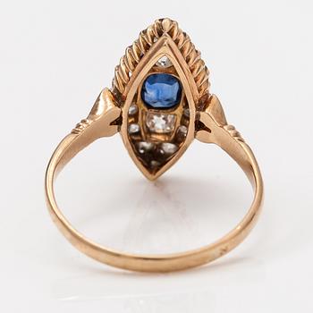 Sormus, 14K kultaa, safiiri ja vanhahiottuja timantteja n. 0.90 ct yht. Venäjä, Vuosisadan vaihde 1800/1900.
