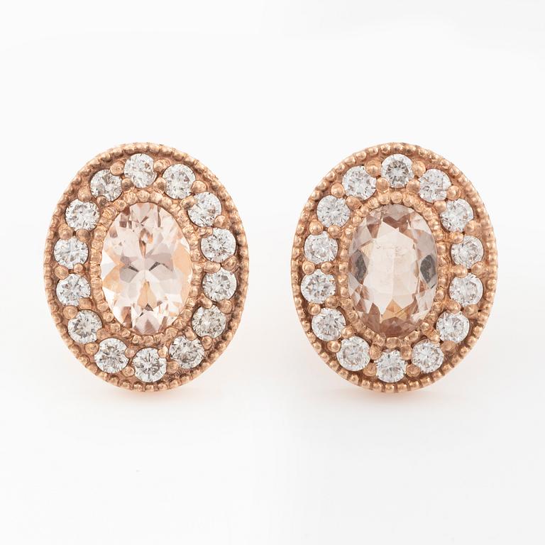 A pair of earrings in 14K rose gold with faceted morganite and round brilliant-cut diamonds.