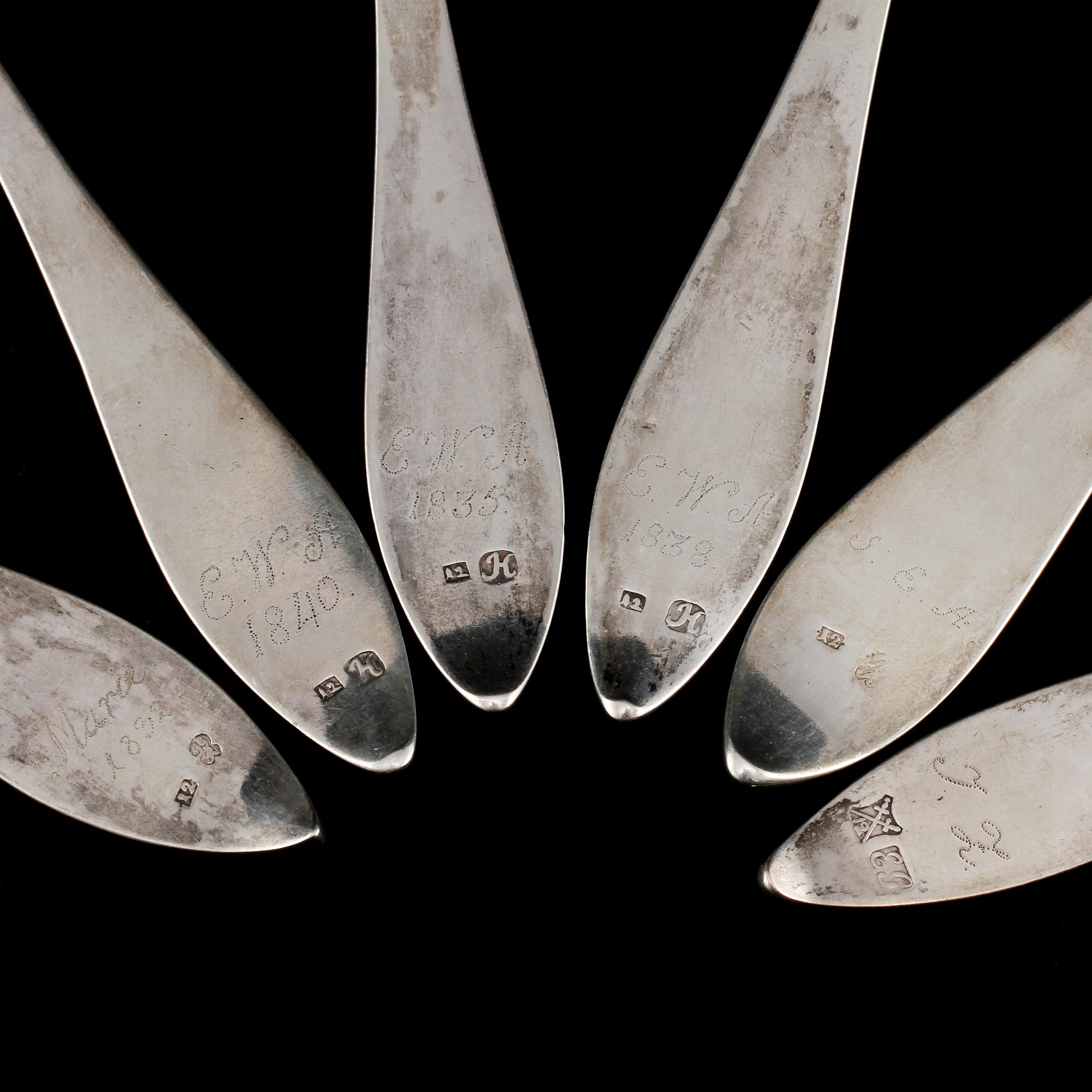 SKEDAR, 6 st, silver, 1700-tal. Vikt 265 g.