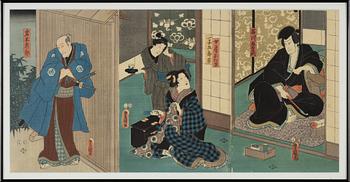 Utagawa Kunisada, träsnitt, triptyk, 1800-talets mitt.