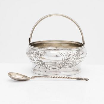 A silver sugar bowl and teaspoon, Moscow first half of the 20th century.