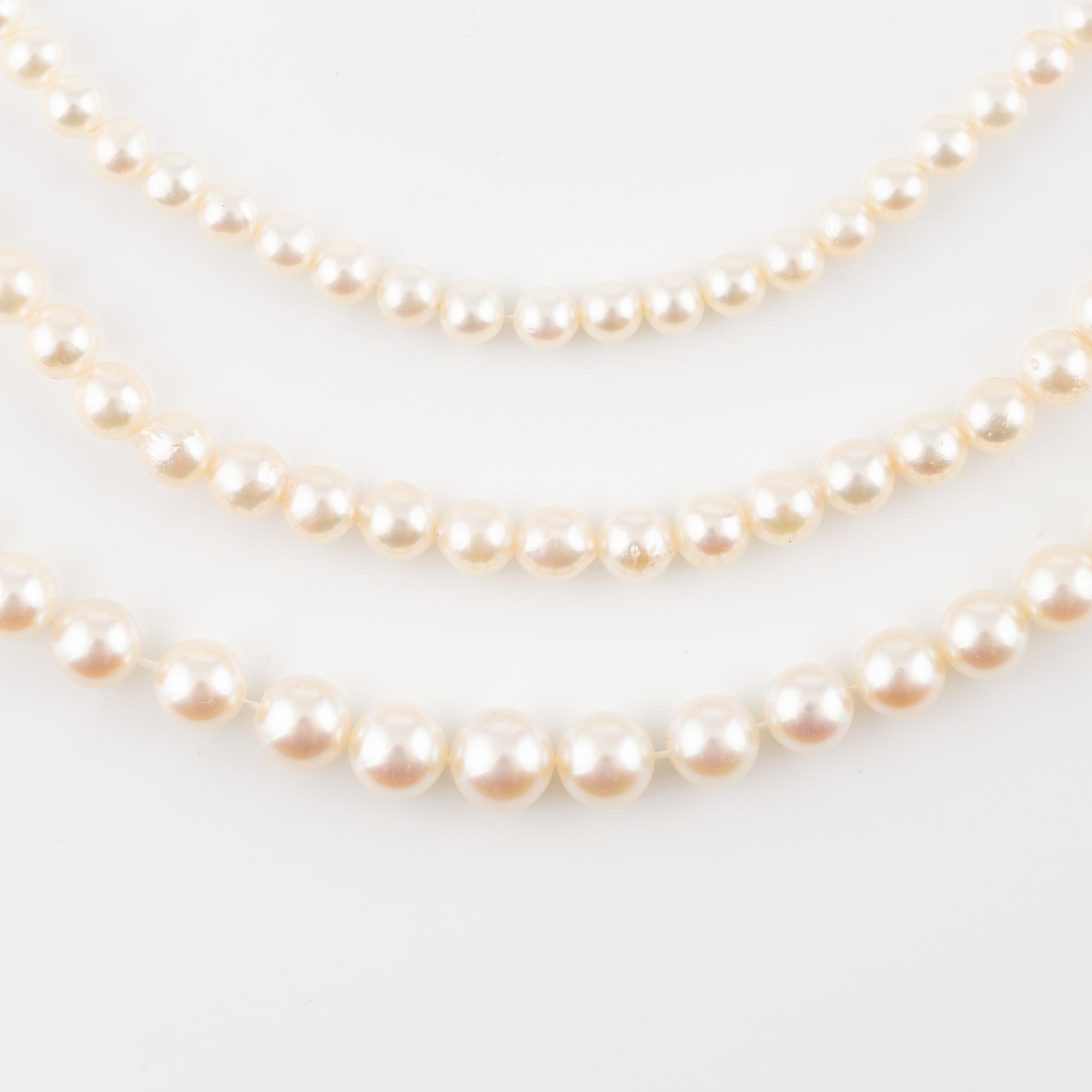 Three necklaces with cultured pearls, without clasps.