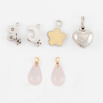 Four pendants with diamonds, and a pair of earrings with rose quartz, 18K gold and white gold.