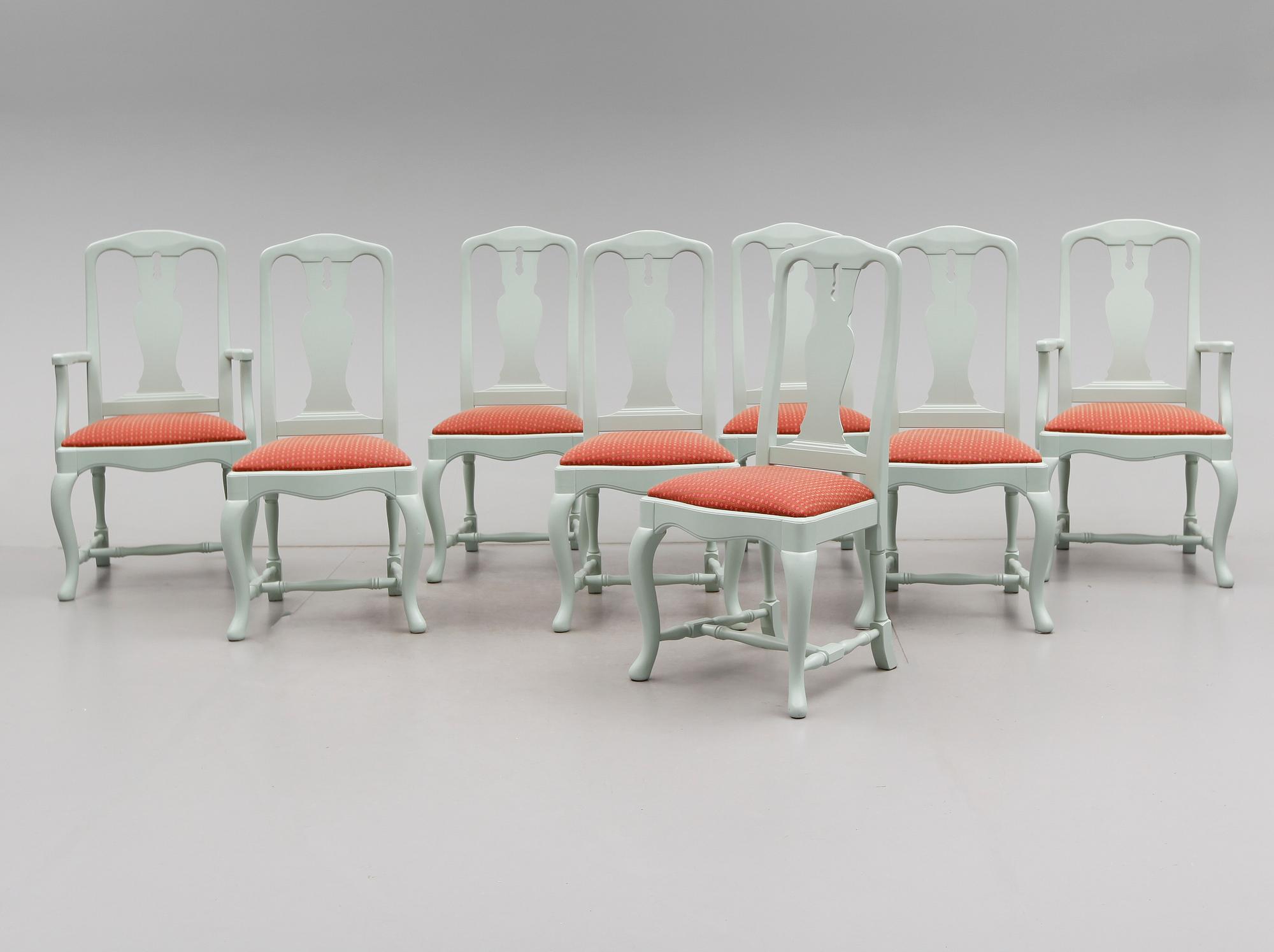 KARMSTOLAR, 2 st samt STOLAR, 6 st, senbarockstil, Åmells, 1900-tal.