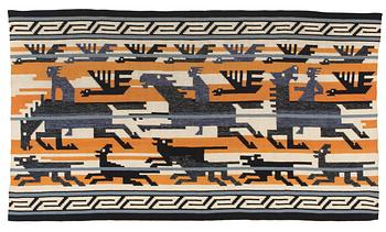 477. Märta Måås-Fjetterström, A TAPESTRY. "Odins jakt"/"Odens jakt"/"Odens jagt". Flat weave. 120,5 x 213  cm. Designed by Märta Måås-Fjetterström.