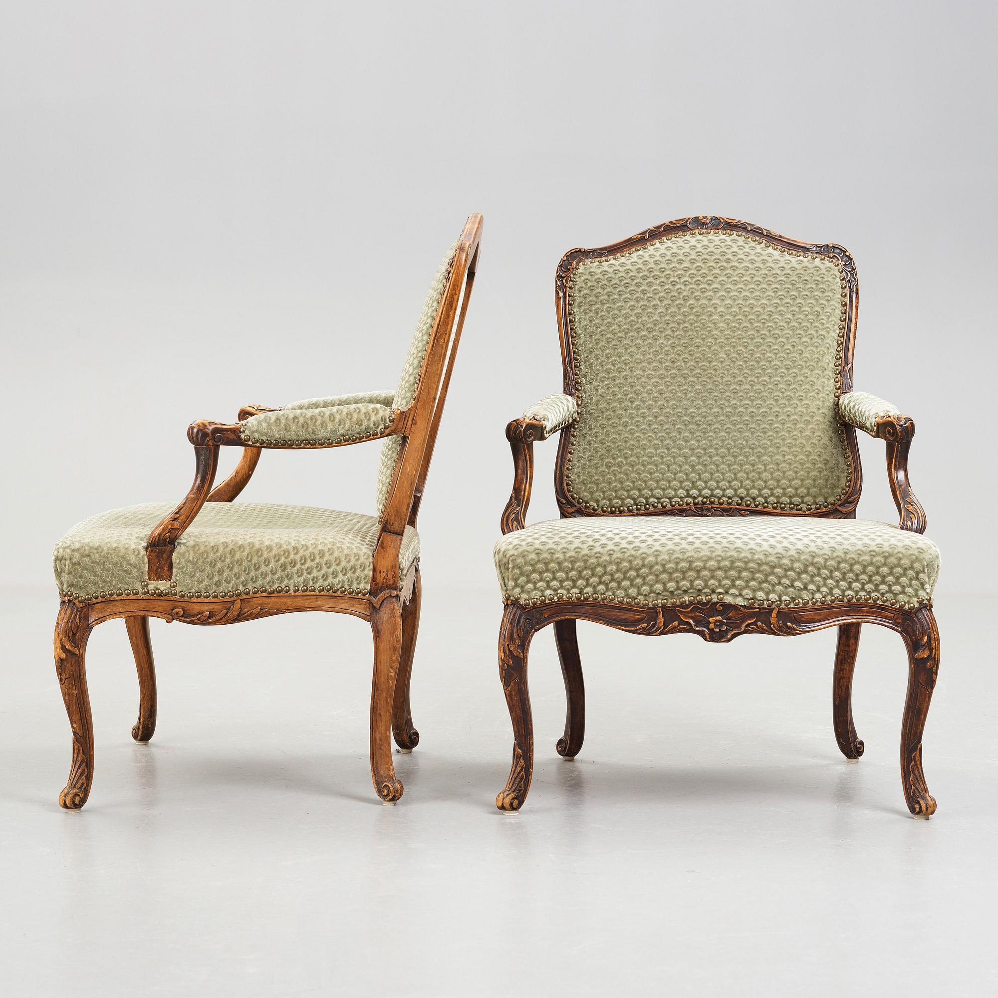 Seven French armchairs (two 18th century and five late 19th century).
