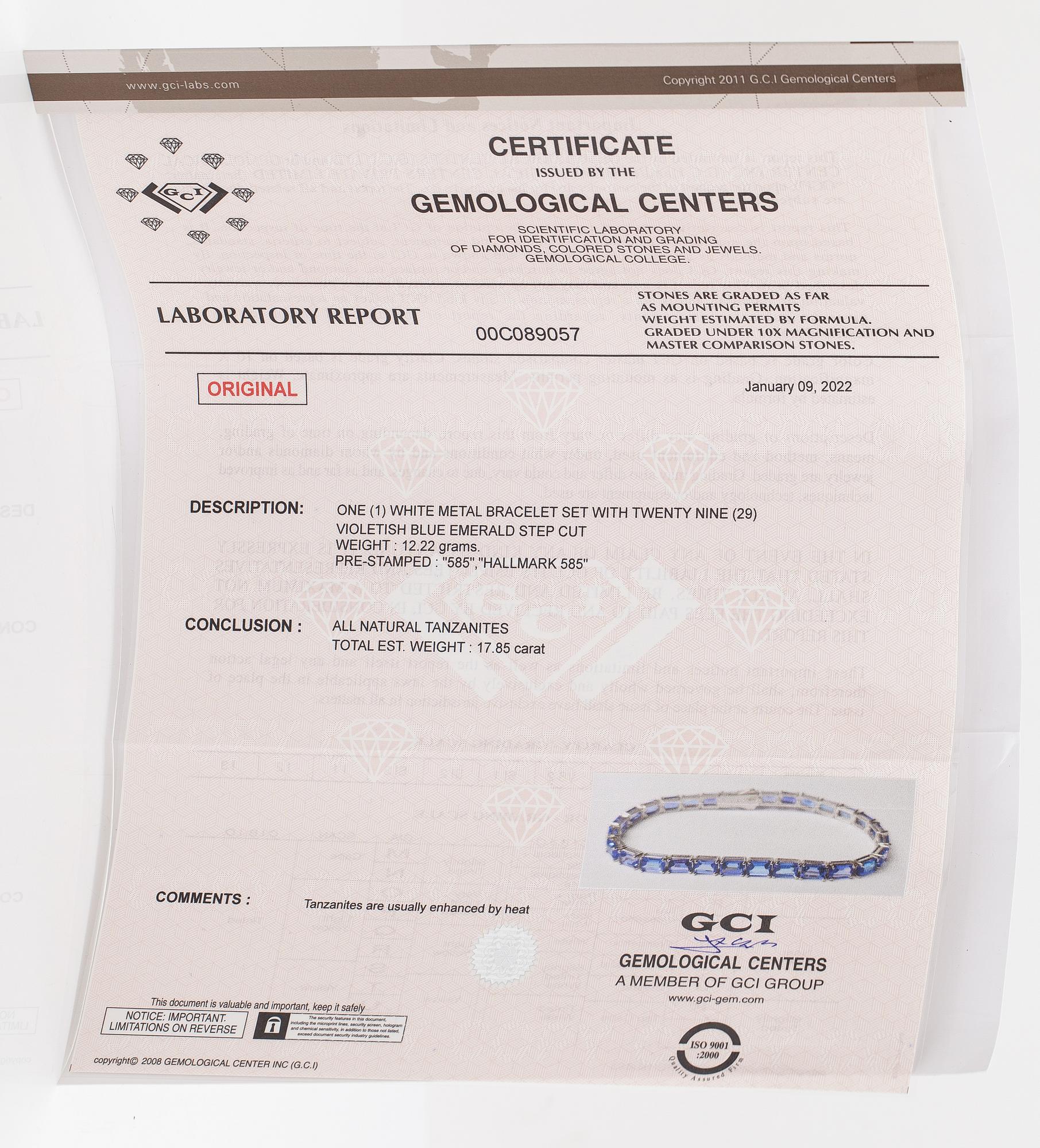 A 14K white gold bracelet with tanzanites. With Gemological center certificate.