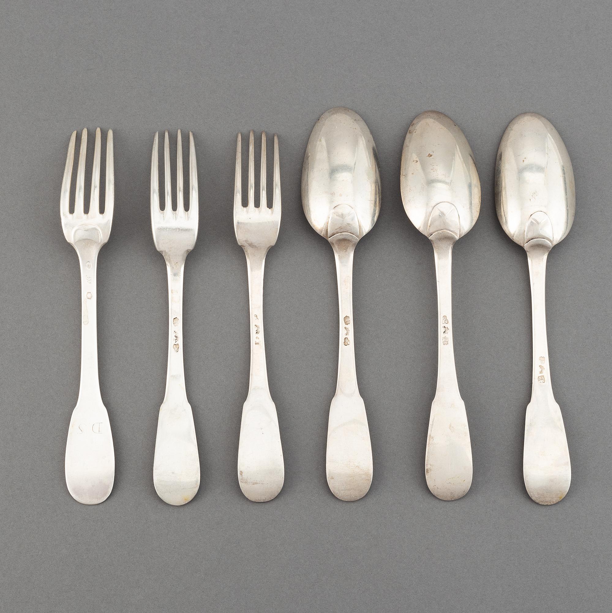 Matskedar och matgafflar, 6 st (3+3), silver, Lausanne 1700-tal.