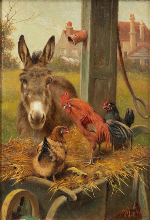 Herbert William Weekes, Chickens and a Donkey by a Trough.