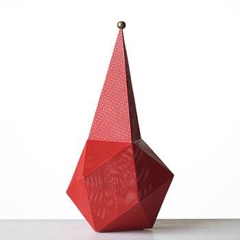 Mathieu Matégot, a "Bagdad" red lacquered perforated and corrugated sheet metal table lamp, ed. Atelier Mategot, France post 1954.