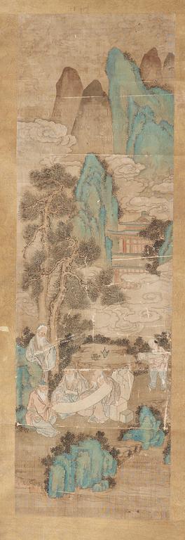 A hanging scroll with Scholars studying paintings in a garden, Qing dynasty, presumably 19th Century.