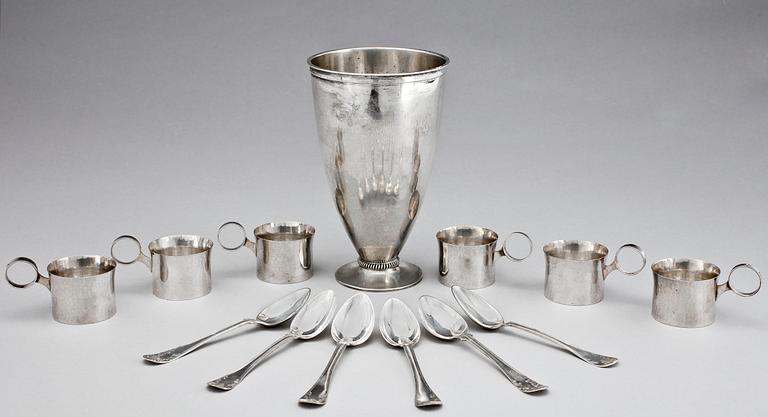 PARTI SILVER, 1+6+6 delar, bla Johan Lundin, Lidköping o Petter Dahlgren Uppsala, 1800- o 1900-tal,  tot ca 674g.